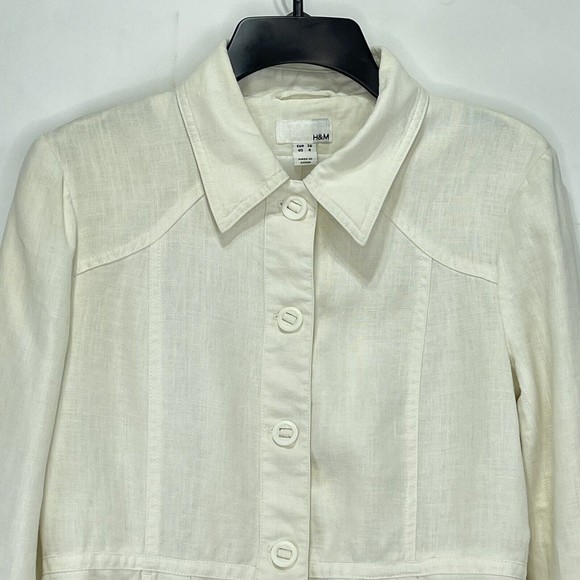 H&M Womens Jacket Blazer Sz 6 Linen Beige Button Front Long Sleeve - Picture 3 of 16